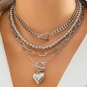 Chunky Silver Tone Necklace for Women Layered Necklaces Paperclip Chain 4 Pcs